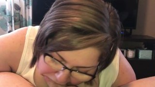 Chubby BBW Sucks A Cock Until It Busts All Over Her Huge Tits
