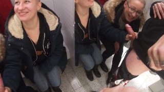 Public Double Blowjob: Mouthful Of Salty Meatballs