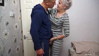 Mature Short Haired Granny Lady Sextacy Gets On Her Knees To Blow Cock