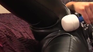 Skintight Leathers On The Bed Leads To Such A Powerful Self Pushed Orgasm.