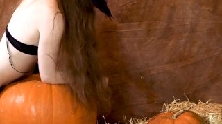 Jack-Off-Lantern Horny Little Tgirl Witch Fucks A Pumpkin