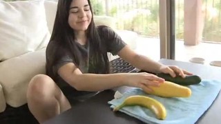 Naughty Nadine Masturbates With Three Different Fruits