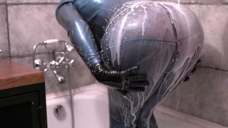 Hot Lesbian Bathroom Play In Latex Rubber Clothes, Fun With Food Fetish Milk On Big Natural Boobs