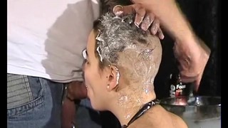 Shaving Her Head As She Sucks His Dick