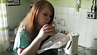Kinky Red Haired GF Of My Buddy Adds Some Sperm Before Eating Cookie