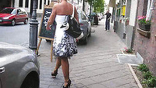 Torrid Blonde Wife Walks On The Street Teasing With Her Stockings