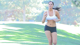 Jogging Brunette Shows Off Her Tits