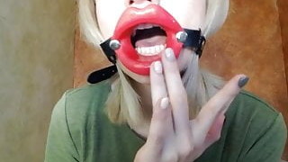 Zooming In Red Lips Open Mouth Gag For Dildo-blowjob.